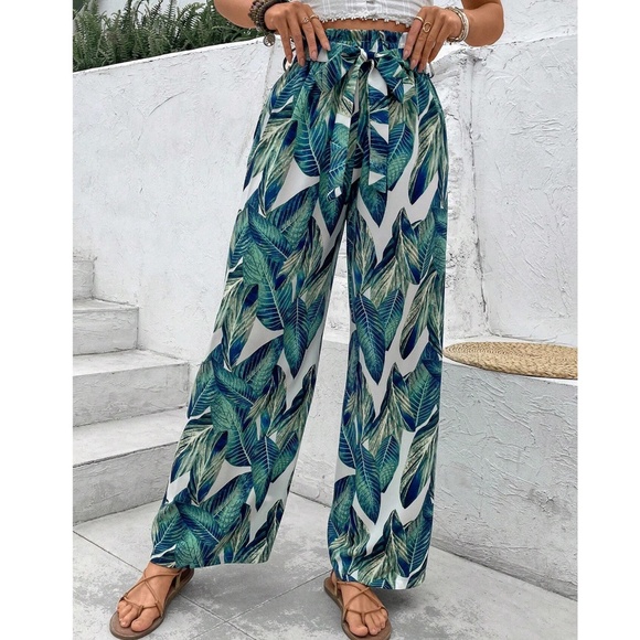 Pants - Boho Tropical Leaves Print High Waisted Stretchy Waist Wide leg Pants